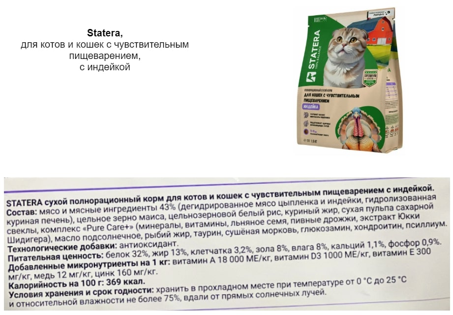 Корм Statera для кошек - состав