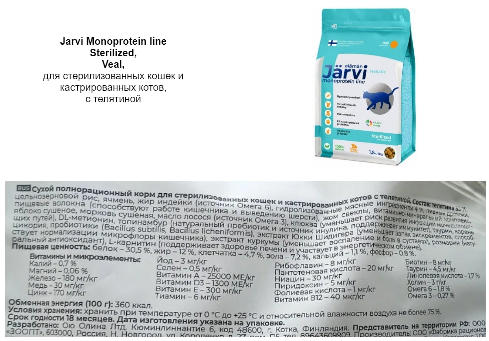 Корм для кошек Jarvi Monoprotein - состав