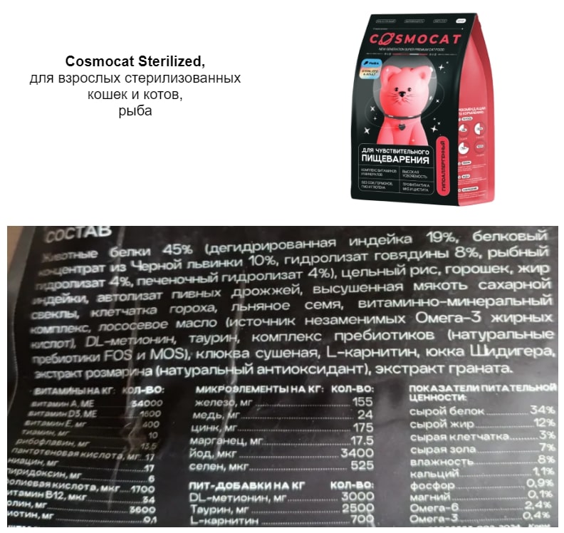 Состав корма для кошек Cosmocat