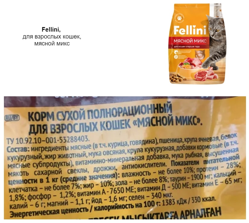 Состав корма для кошек Fellini