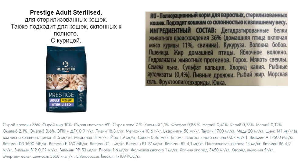 Состав корма для кошек Prestige