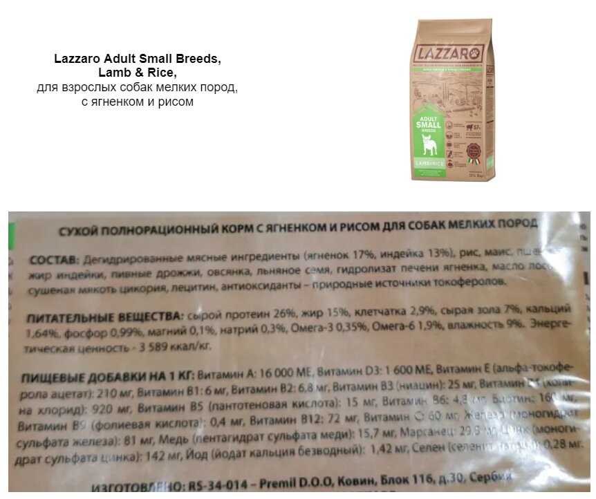 Состав корма для собак Lazzaro