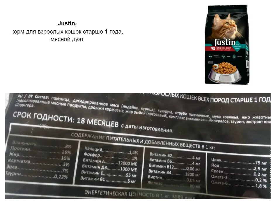 Состав корма для кошек Justin